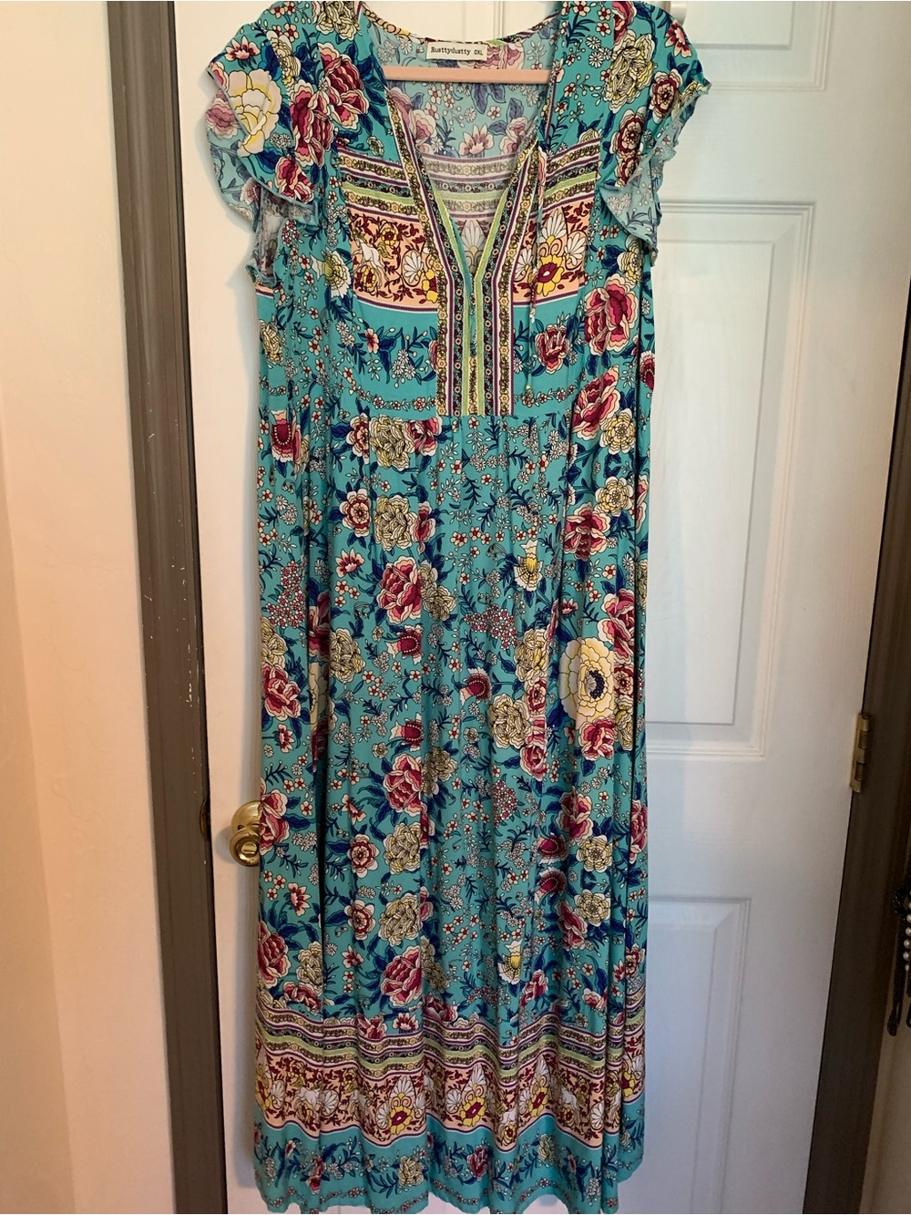 Turquoise Floral Maxi Dress with Embroidered Yoke by Unknown Brand